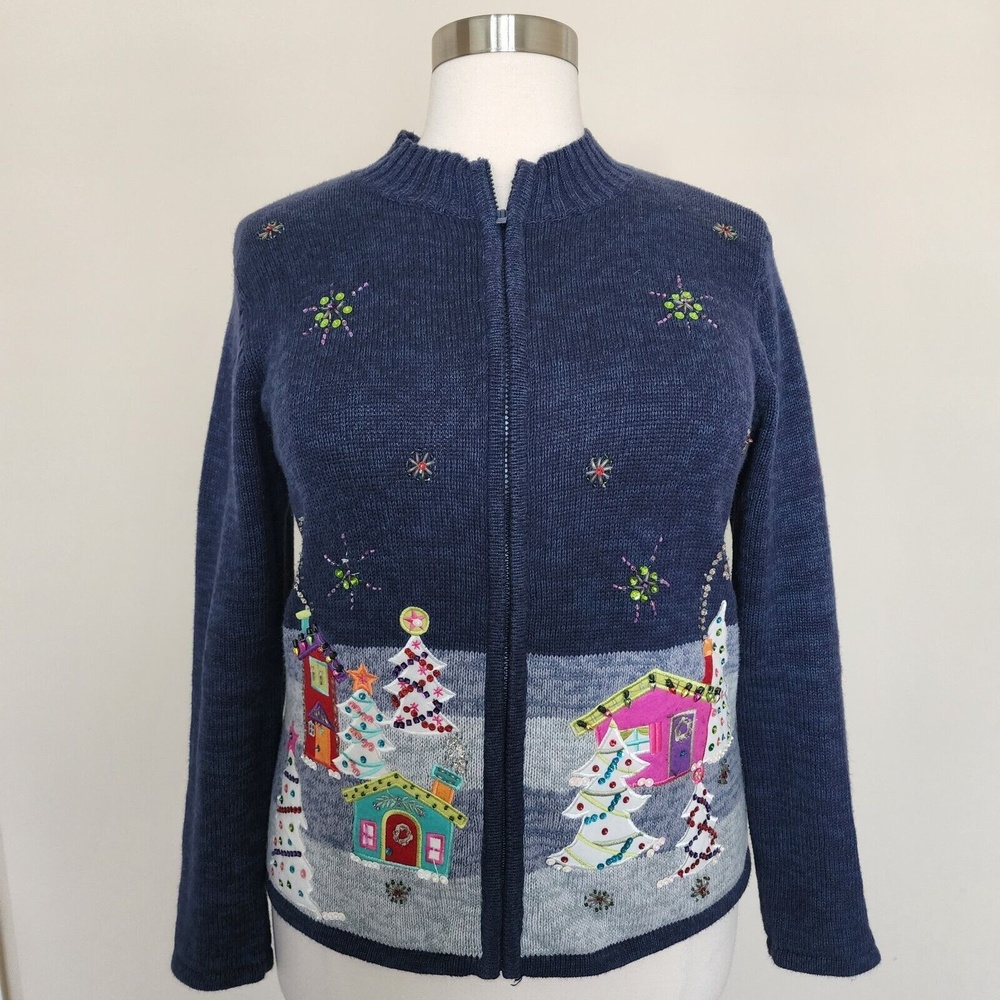 Tiara International Size XL Christmas Knit Zip Cardigan Sweater Holiday Town